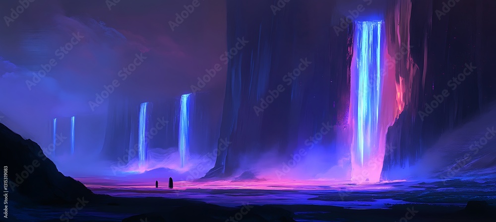 Obraz premium Glowing Blue Neon Waterfalls Flowing Over Sharp Rocks into a Shimmering River Backdrop for a Vibrant Background