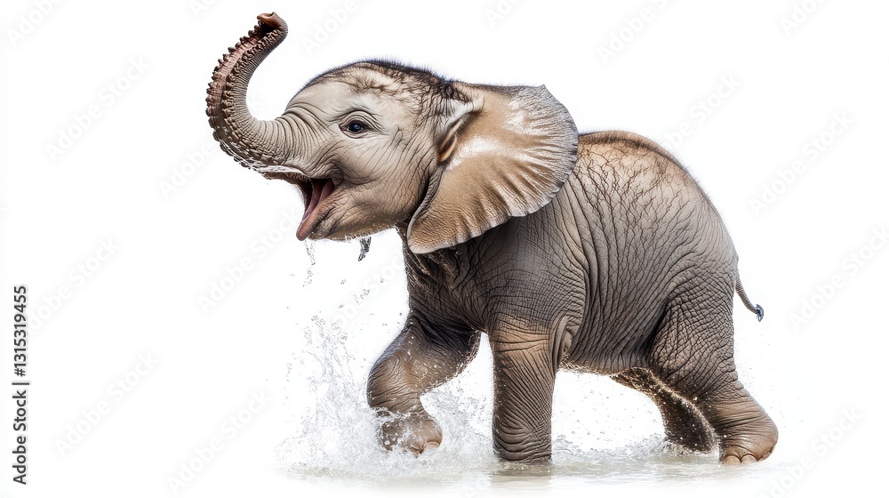 Obraz premium A chubby baby elephant playfully splashing water with its trunk, on a white isolated background