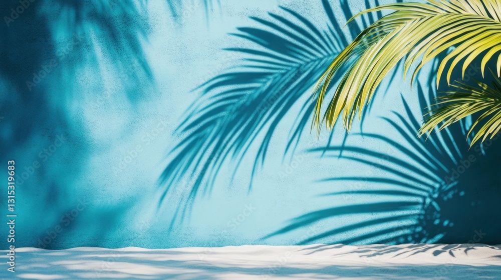 Fototapeta premium Tropical palm shadows on blue wall, beach product display