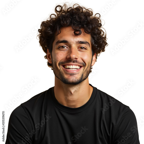  a headshot of a smiling man against a white background. He has curly brown hair and is wearing a black t-shirt.