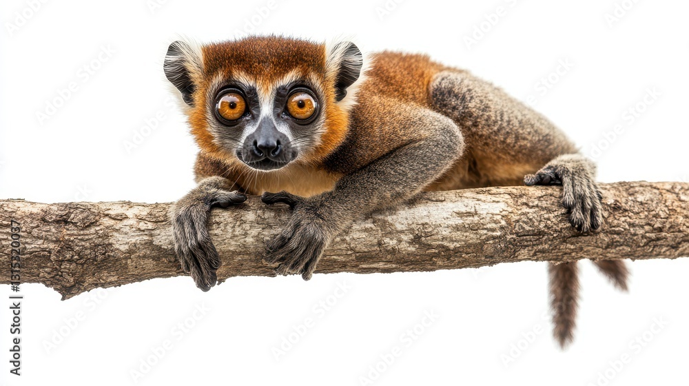 A curious lemur sitting on a branch, with its large eyes staring at the camera, on a white isolated background A curious lemur sitting on a branch, with its large eyes staring at the camera, on a white isolated background