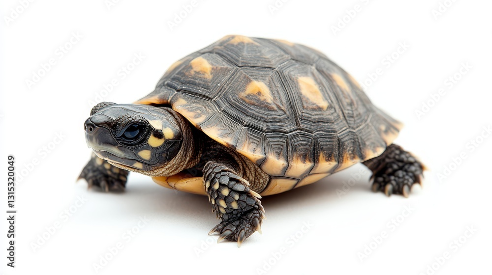 A baby turtle crawling across the sandy beach toward the ocean, on a white isolated background A baby turtle crawling across the sandy beach toward the ocean, on a white isolated background