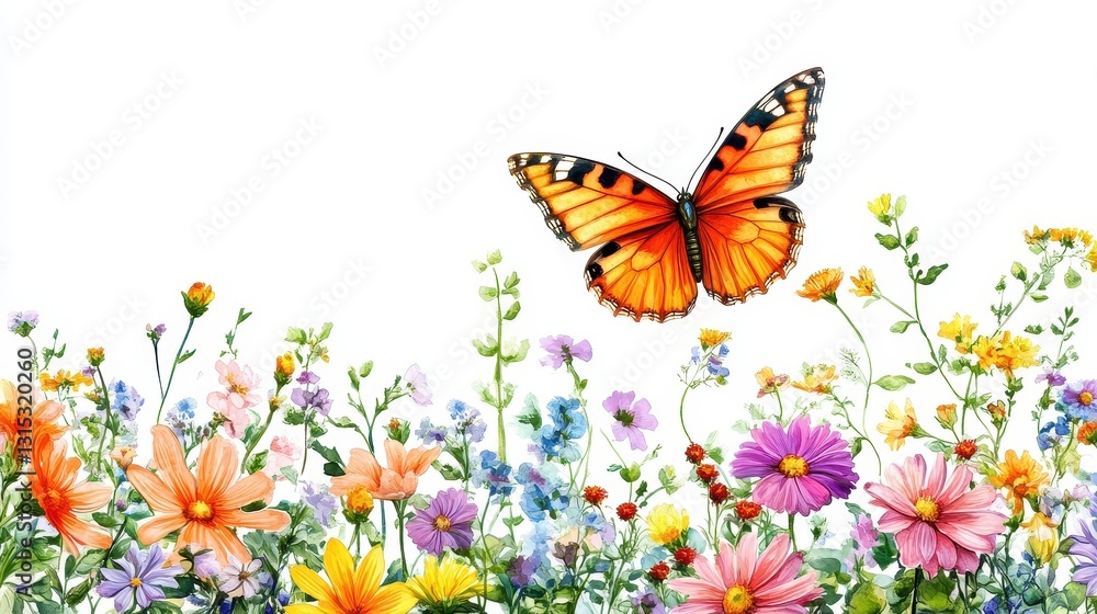 A butterfly fluttering above a colorful garden, with its delicate wings catching the light, on a white isolated background A butterfly fluttering above a colorful garden, with its delicate wings catching the light, on a white isolated background