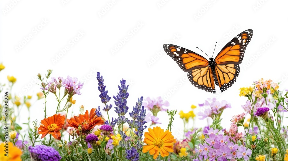 Fototapeta premium A butterfly fluttering above a colorful garden, with its delicate wings catching the light, on a white isolated background