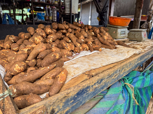 Fresh Tapioca (Cassava) for Sale at a Market in Kerala, India