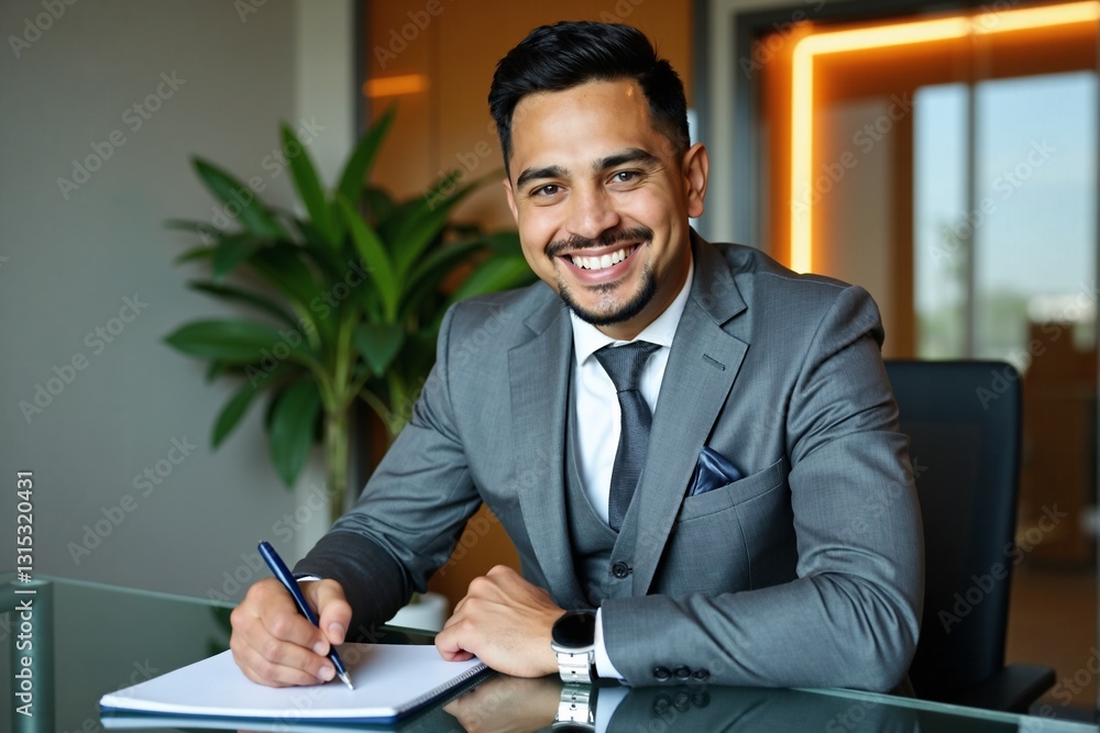 Professional Man Writing at Desk in a Modern Office Setting Exuding Success and Focus Professional Man Writing at Desk in a Modern Office Setting Exuding Success and Focus