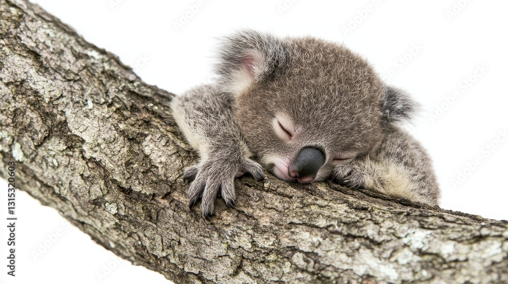 Fototapeta premium A baby koala sleeping soundly on a eucalyptus tree, on a white isolated background