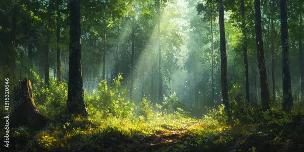 Sunlit Forest Path, Woodland Scenery with Mystical Light Rays Sunlit Forest Path, Woodland Scenery with Mystical Light Rays