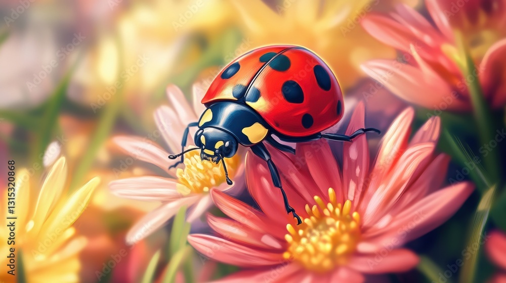 Fototapeta premium Beautiful cute ladybug with flower in Spring.