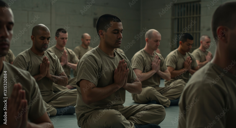 Fototapeta premium Inmates Meditating in Prison - A group of male inmates sits cross-legged, eyes closed, hands in prayer position, practicing meditation in a prison setting. Calm and contemplative atmosphere