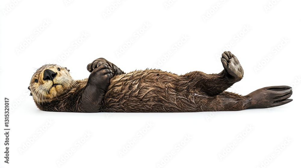 A playful sea otter floating on its back, holding hands with another otter, on a white isolated background A playful sea otter floating on its back, holding hands with another otter, on a white isolated background