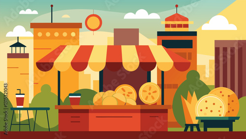 The warm and welcoming atmosphere of the street food market with the sights and smells of Brazilian tapioca pancakes encompassing the space.. Vector illustration