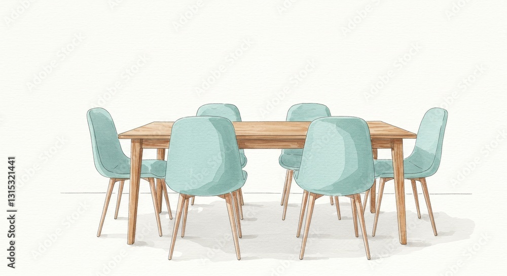Fototapeta premium Modern Dining Set Illustration - A stylish illustration of a modern dining table and six light teal chairs against a white background