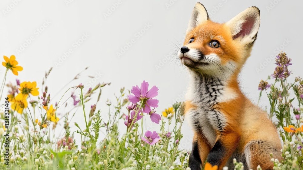 Obraz premium A baby fox sitting in a patch of wildflowers, looking up with wide eyes, on a white isolated background