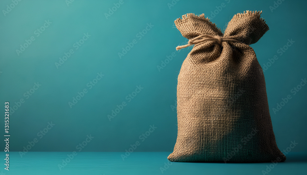 Burlap bag on blue background for rustic packaging and decoration concepts Burlap bag on blue background for rustic packaging and decoration concepts