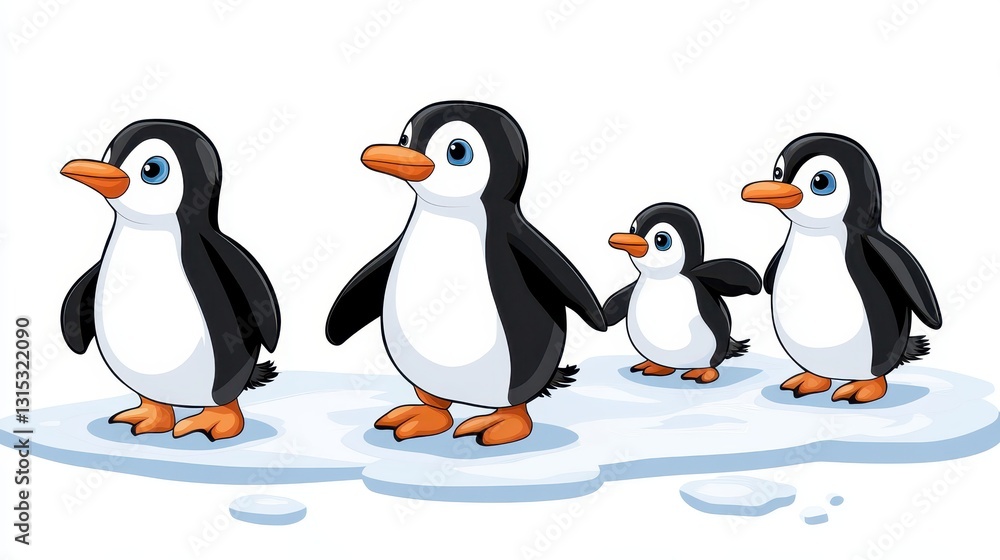Obraz premium A family of penguins waddling across the ice, with the parents leading the way, on a white isolated background