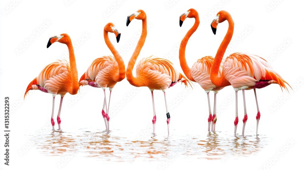 Obraz premium A group of flamingos standing in the shallow water, their long necks bent gracefully, on a white isolated background