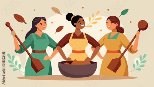 Working together as a team a group of women use large wooden paddles to mix and grind the cocoa creating a steady rhythm as they chat and laugh.. Vector illustration