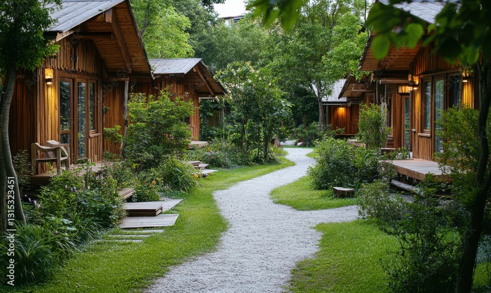Tranquil garden pathway leading to eco-friendly wooden homes. Tranquil garden pathway leading to eco-friendly wooden homes.