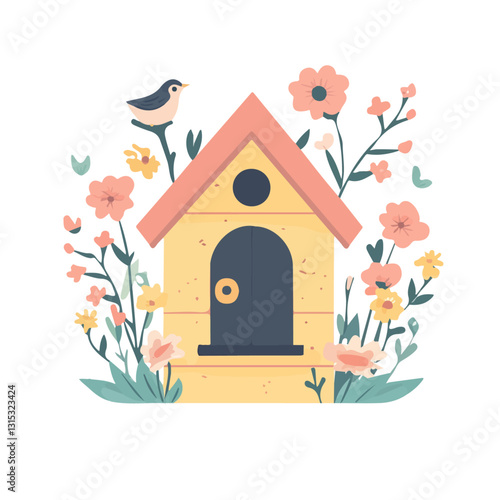 2D flat vector illustration Birdhouse surrounded by flowers icon isolated on a white background.

