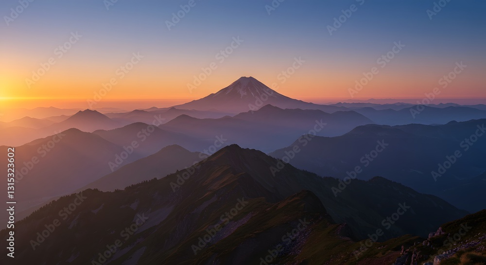 Serene Landscape: Sunrise Over Mountain Peaks