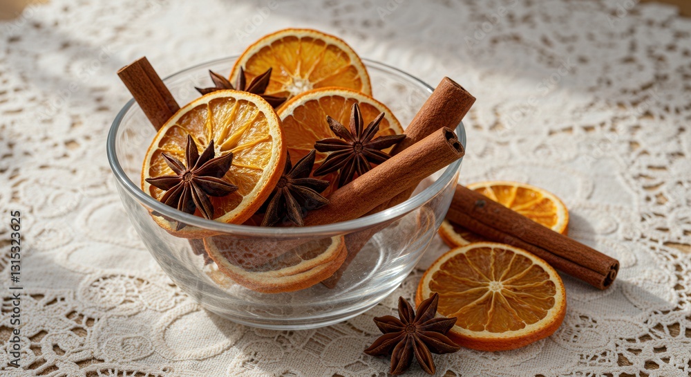 Fototapeta premium Festive Bowl with Dried Orange Slices, Cinnamon Sticks, and Star Anise