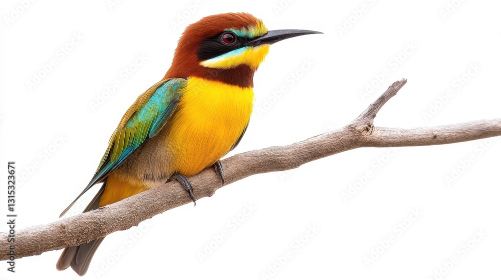 A small bird perched on a branch, with its wings slightly spread, on a white isolated background A small bird perched on a branch, with its wings slightly spread, on a white isolated background