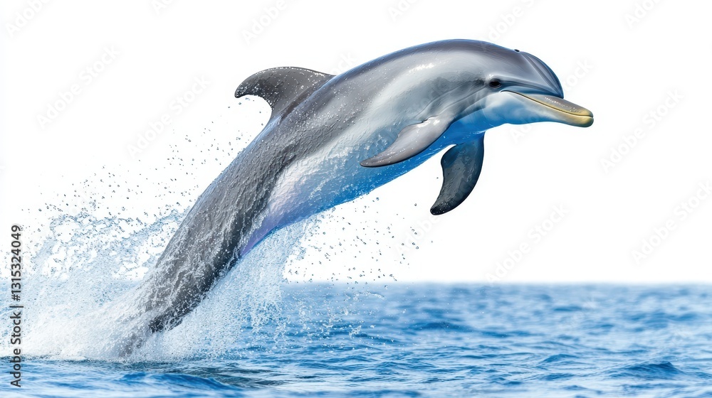 A playful dolphin leaping out of the water, with its body arching in mid-air, on a white isolated background A playful dolphin leaping out of the water, with its body arching in mid-air, on a white isolated background