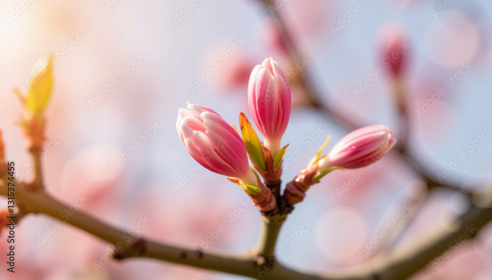 Cherry blossom buds opening in morning light, nature's beauty Cherry blossom buds opening in morning light, nature's beauty