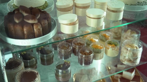Slow camera movement revealing a display of exquisite desserts in a refrigerated showcase. Elegant pastries, cakes, and gourmet treats presented with perfection.