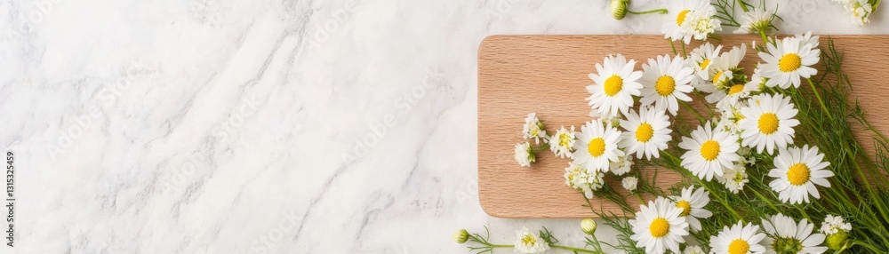 Obraz premium Flat lay of chamomile and wildflowers on a wooden cutting board