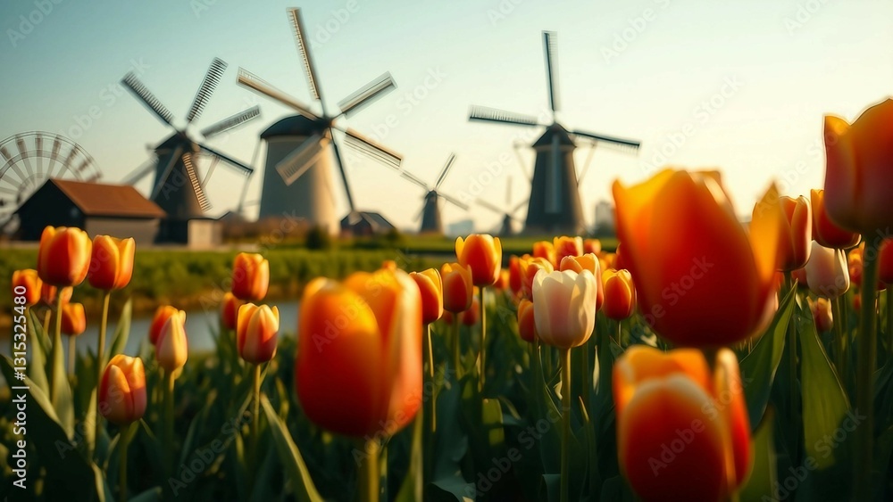 Obraz premium Realistics combination of windmills movement and tulips calmness results in a composition that is bo