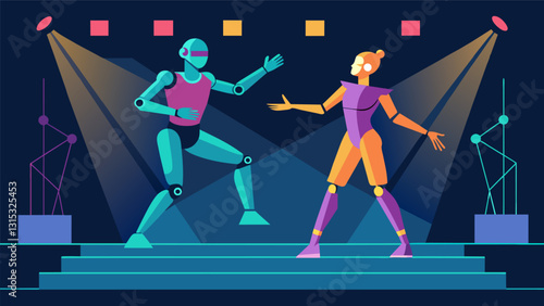 The melding of human and machine is brought to life on stage as dancers seamlessly use the data from motion capture technology to enhance their performance.. Vector illustration