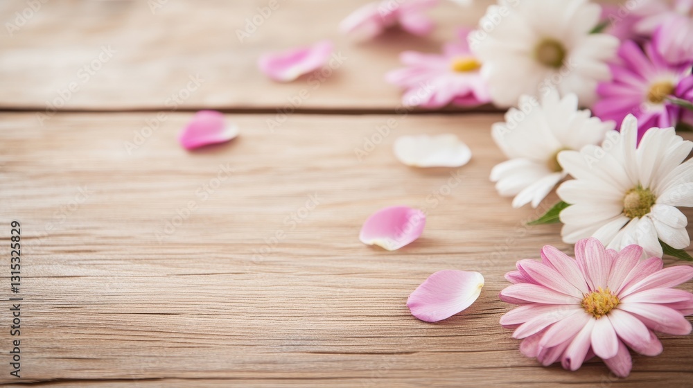 Soft-focus wildflower petals drifting over warm wooden textures Soft-focus wildflower petals drifting over warm wooden textures