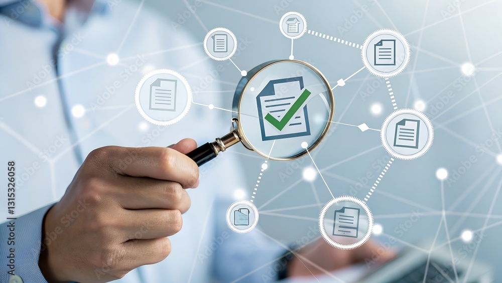 Document review process and quality control concept. Hand holding magnifying glass over a document icon with checklist, Document review and approval. Certificate management, Audit, Standardization Document review process and quality control concept. Hand holding magnifying glass over a document icon with checklist, Document review and approval. Certificate management, Audit, Standardization