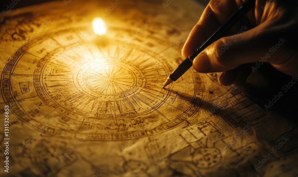 Close-up of ancient astrological chart with hand holding pen illuminated in warm light Close-up of ancient astrological chart with hand holding pen illuminated in warm light