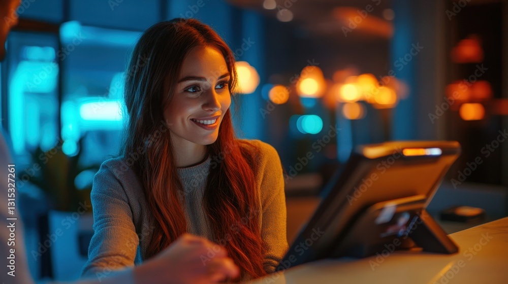 Fototapeta premium Warm Hospitality: A smiling woman, radiating warmth and attentiveness, interacts with a customer at a modern restaurant.