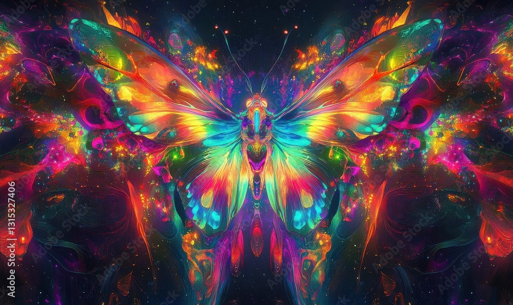 Fototapeta premium Neon Butterfly - A vibrant digital art depicting a butterfly with glowing, colorful wings