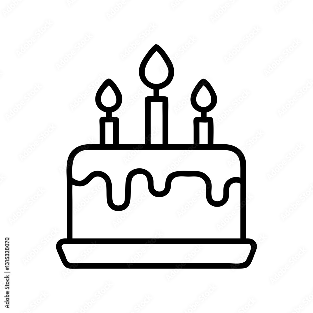 Birthday cake icon with three candles in black outline Birthday cake icon with three candles in black outline