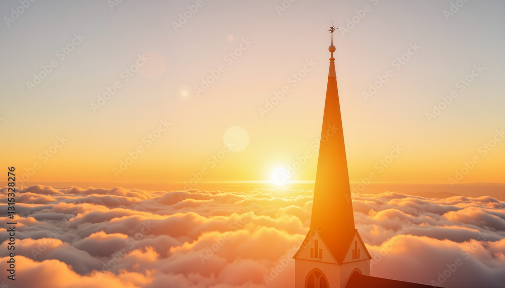 Fototapeta premium Easter sunrise over church spire amidst golden clouds, renewal concept