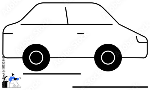 Large outline of a car with a mechanic in motion holding a toolbox. Ideal for automotive services, repair, maintenance, transportation, car rentals, travel planning, and industry communication. Flat