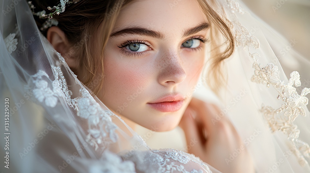 Bridal Portrait Captured in Soft Lighting Showcases Delicate Features and Intricate Veil Bridal Portrait Captured in Soft Lighting Showcases Delicate Features and Intricate Veil
