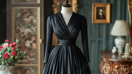Elegant Black Dress Displayed in a Luxurious Room With Vintage Decor and Floral Arrangements