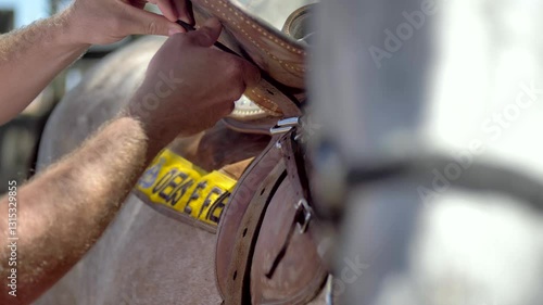 Man's Hand Saddling Horse, Animal Eye, Farm, Cowboy, Equine, Rural

