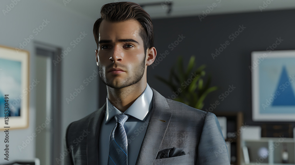 A man dressed in business attire, wearing a charcoal gray suit, a cyan dress shirt, and a silk tie. A man dressed in business attire, wearing a charcoal gray suit, a cyan dress shirt, and a silk tie.