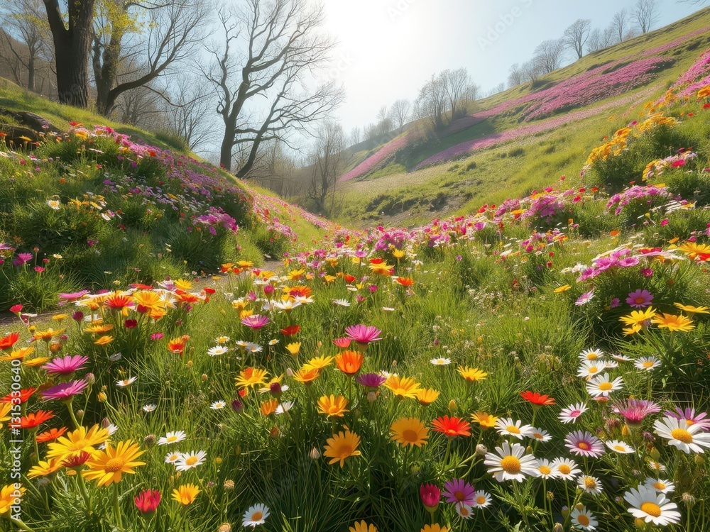 Obraz premium Vibrant wildflowers bloom across a sun-drenched hillside, spring's arrival in full color, rural, artistic
