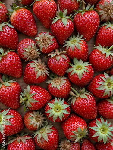 A collection of ripe red strawberries arranged neatly on top of a wooden table. The vibrant fruits appear fresh and ready to be enjoyed by whoever stumbles upon them.