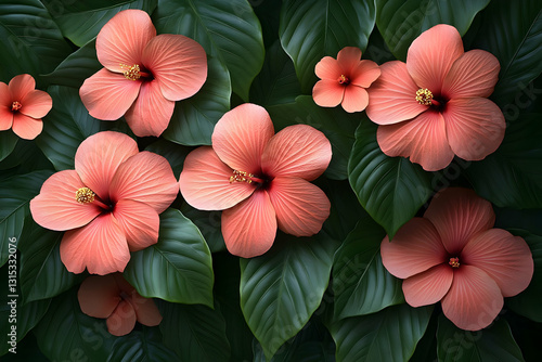 Wallpaper Mural Hibiscus Blooms: Lush Tropical Flowers in Deep Green Foliage Torontodigital.ca