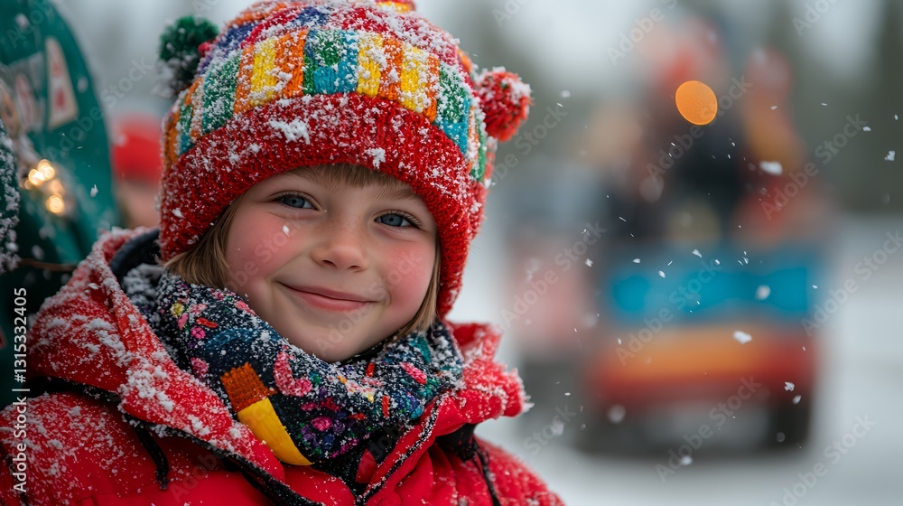 Smiling Child With Colorful Hat Enjoying Winter Snow in a Festive Setting at a Local Outdoor Event During the Holiday Season Smiling Child With Colorful Hat Enjoying Winter Snow in a Festive Setting at a Local Outdoor Event During the Holiday Season
