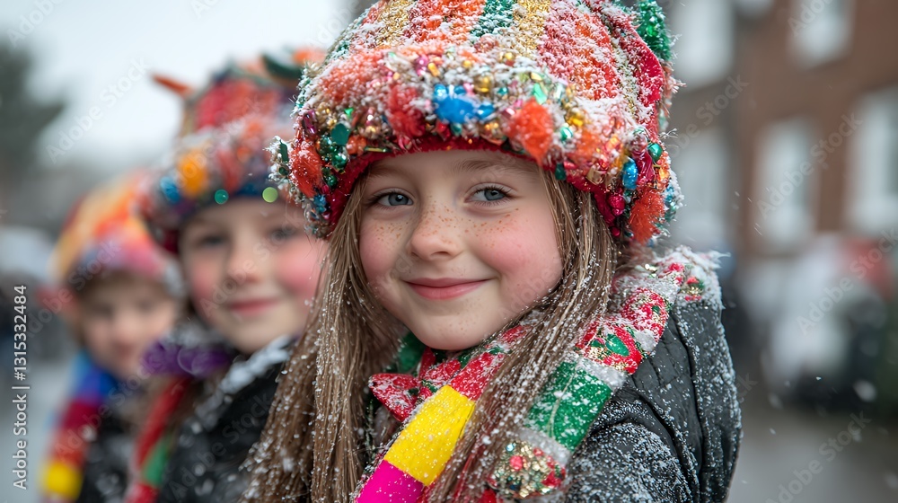 Children Wearing Colorful Hats During a Snowy Winter Celebration in a Vibrant Street Festival With Laughter and Joy Children Wearing Colorful Hats During a Snowy Winter Celebration in a Vibrant Street Festival With Laughter and Joy